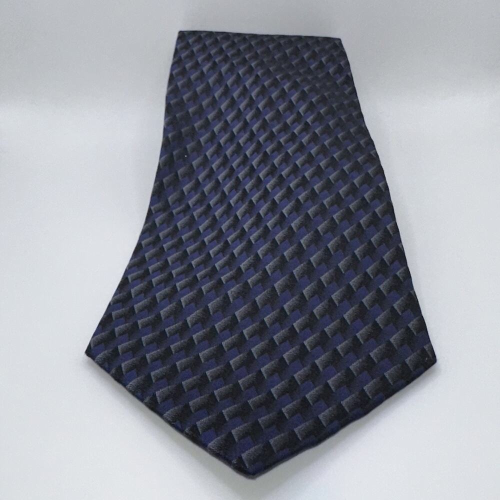 JZ Richards Silk Tie Navy Blue Gray Geometric 4” Wide 58” Classic USA Made